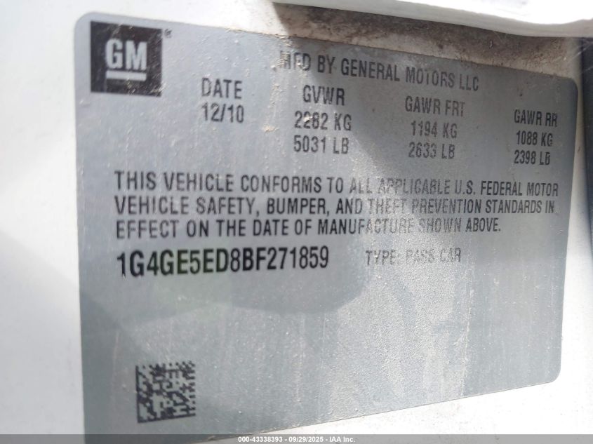 2011 Buick Lacrosse Cxs VIN: 1G4GE5ED8BF271859 Lot: 43338393