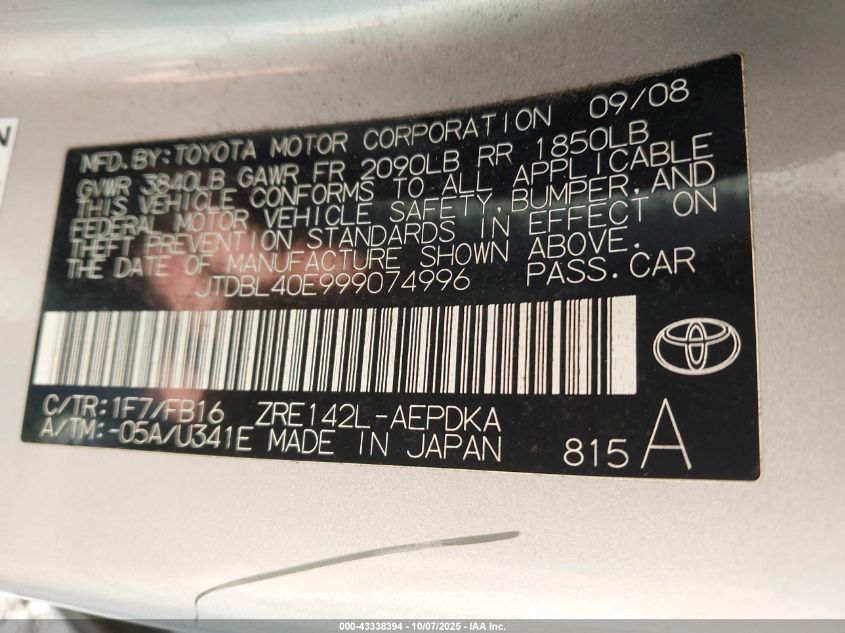 2009 Toyota Corolla Le VIN: JTDBL40E999074996 Lot: 43338394