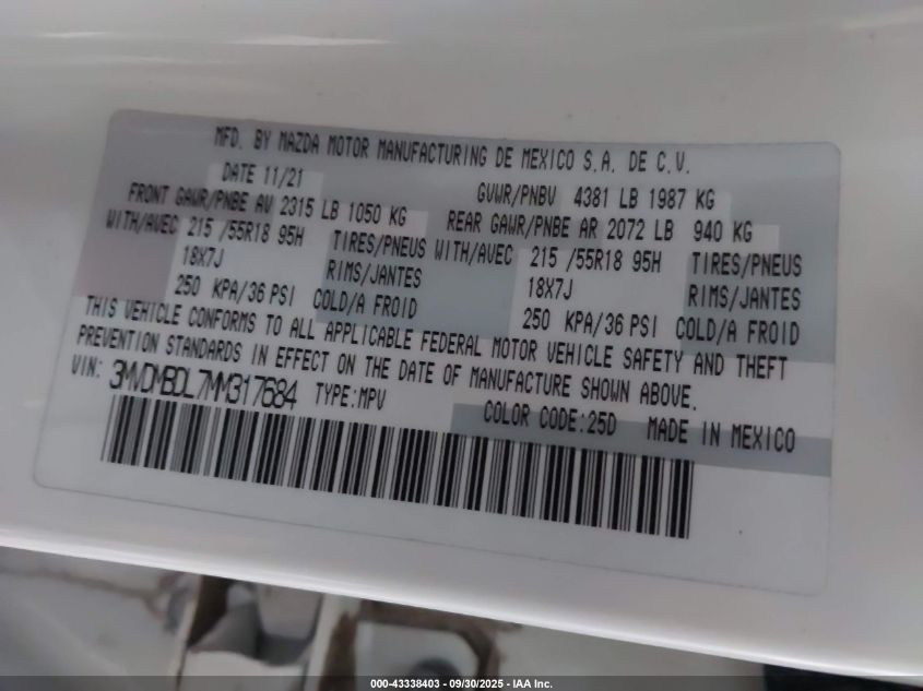 2021 Mazda Cx-30 Premium VIN: 3MVDMBDL7MM317684 Lot: 43338403