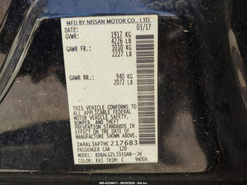 2017 Nissan Altima 2.5 S VIN: 1N4AL3AP7HC217683 Lot: 43338411