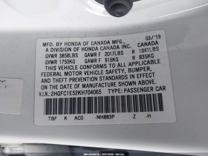 2019 Honda Civic Si VIN: 2HGFC1E52KH704065 Lot: 43338414