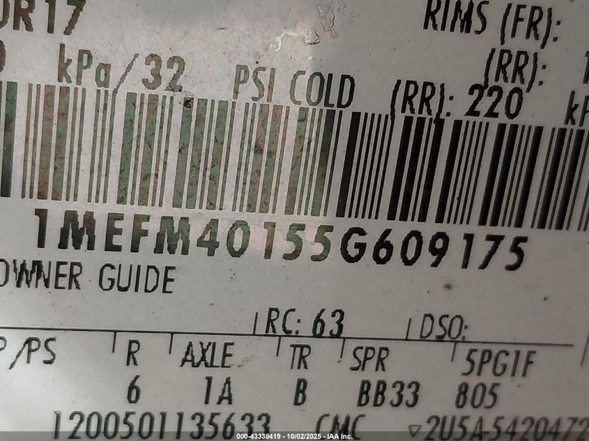 2005 Mercury Montego Luxury VIN: 1MEFM40155G609175 Lot: 43338419