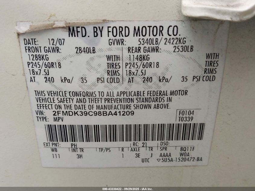 2008 Ford Edge Limited VIN: 2FMDK39C98BA41209 Lot: 43338422