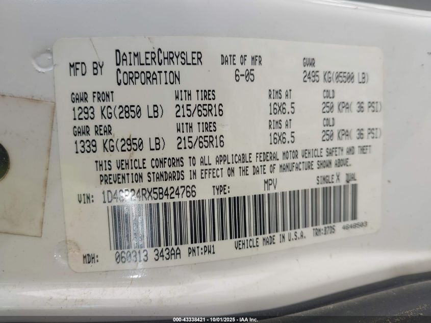 2005 Dodge Grand Caravan Se VIN: 1D4GP24RX5B424766 Lot: 43338421