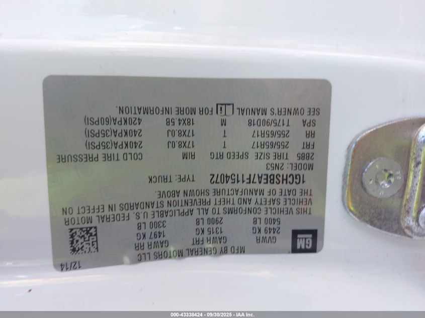 2015 Chevrolet Colorado Lt VIN: 1GCHSBEA7F1154072 Lot: 43338424