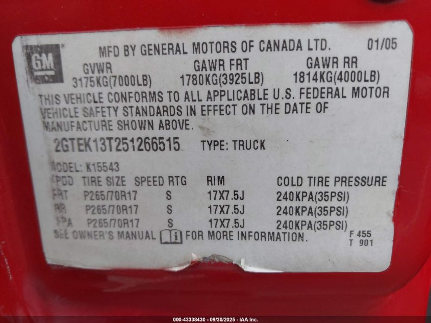 2005 GMC Sierra 1500 Sle VIN: 2GTEK13T251266515 Lot: 43338430