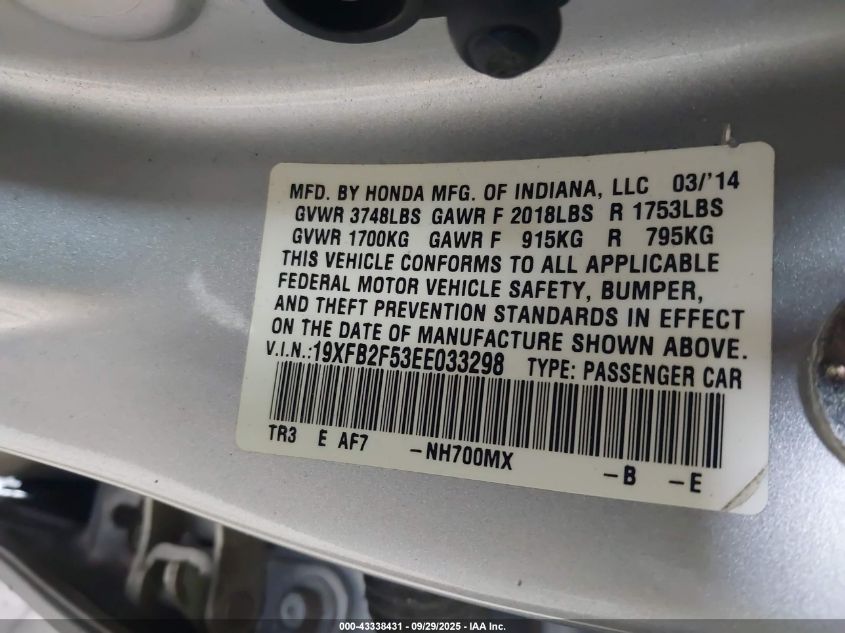 2014 Honda Civic Lx VIN: 19XFB2F53EE033298 Lot: 43338431