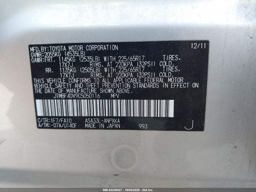 2012 Toyota Rav4 VIN: JTMBF4DV9C5050116 Lot: 43338437