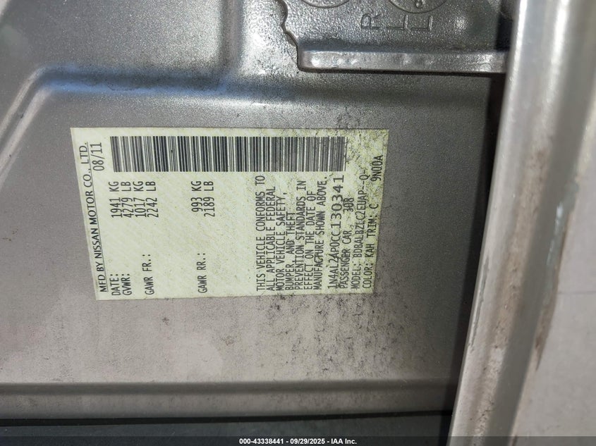 2012 Nissan Altima 2.5 S VIN: 1N4AL2AP0CC130341 Lot: 43338441