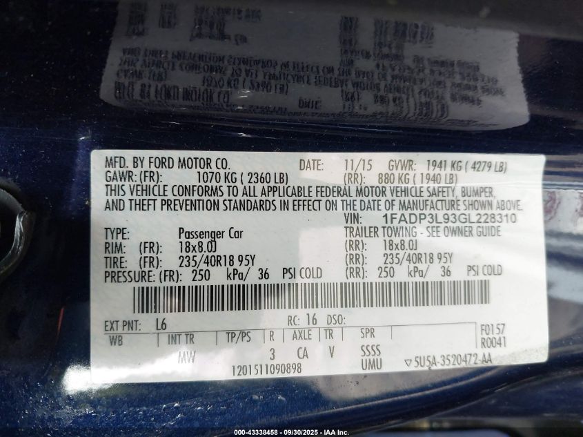2016 Ford Focus St VIN: 1FADP3L93GL228310 Lot: 43338458
