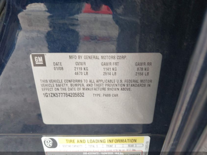 2008 Chevrolet Malibu Ltz VIN: 1G1ZK577784205832 Lot: 43338470