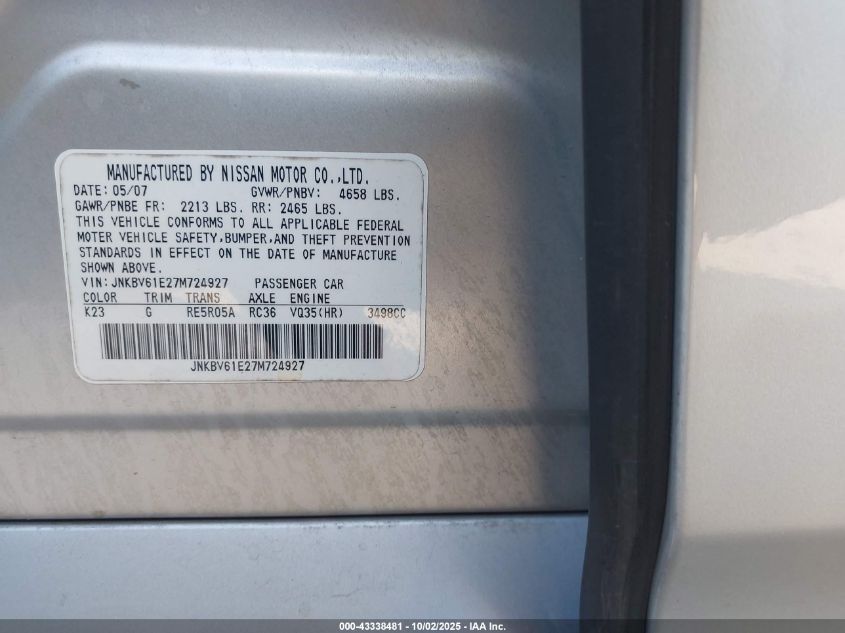 2007 Infiniti G35 Journey VIN: JNKBV61E27M724927 Lot: 43338481