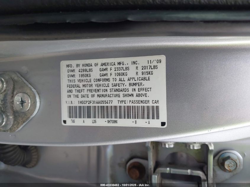 2010 Honda Accord 2.4 Lx VIN: 1HGCP2F31AA055477 Lot: 43338482