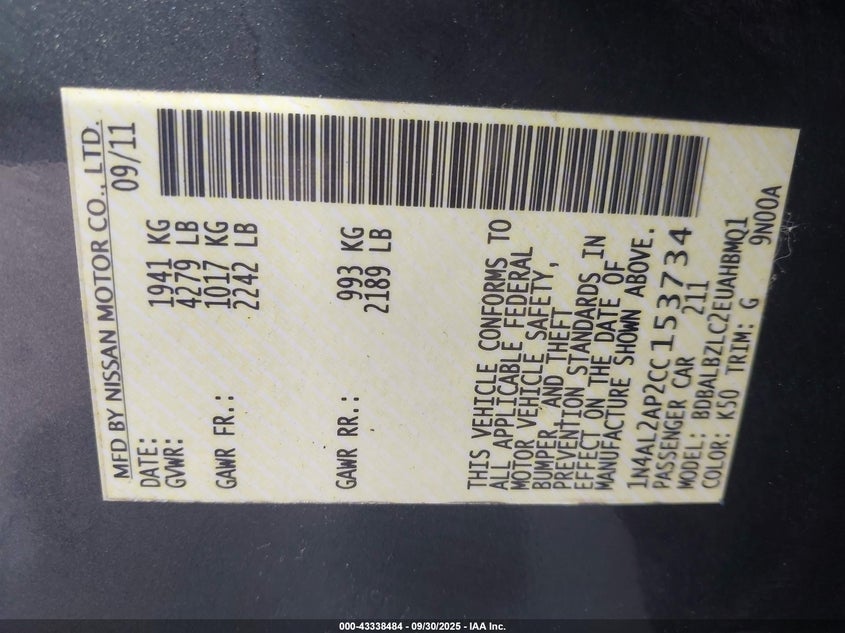 2012 Nissan Altima 2.5 S VIN: 1N4AL2AP2CC153734 Lot: 43338484