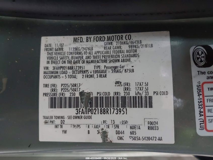 2008 Ford Fusion Sel VIN: 3FAHP02188R173951 Lot: 43338495