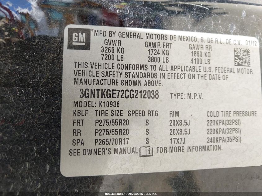 2012 Chevrolet Avalanche 1500 Ltz VIN: 3GNTKGE72CG212038 Lot: 43338497