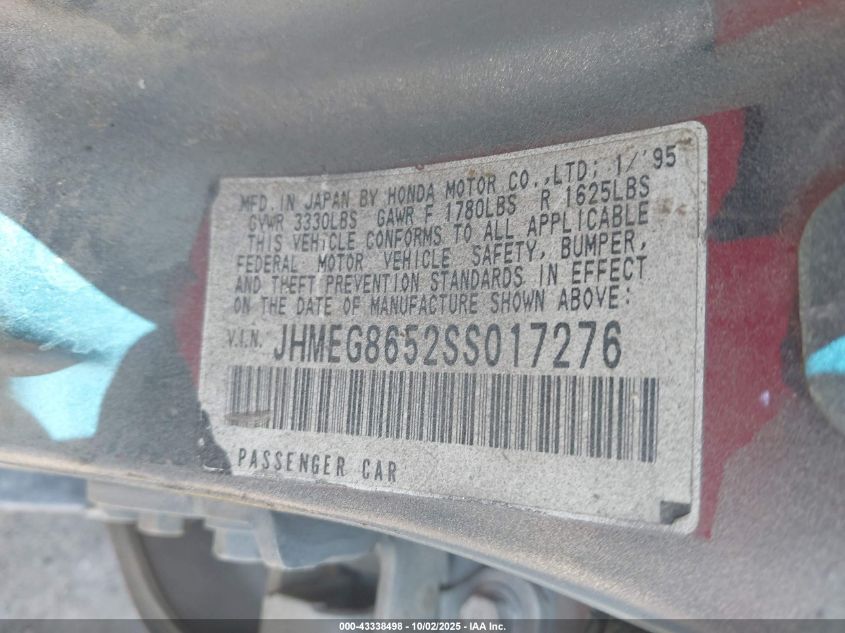 1995 Honda Civic Lx VIN: JHMEG8652SS017276 Lot: 43338498