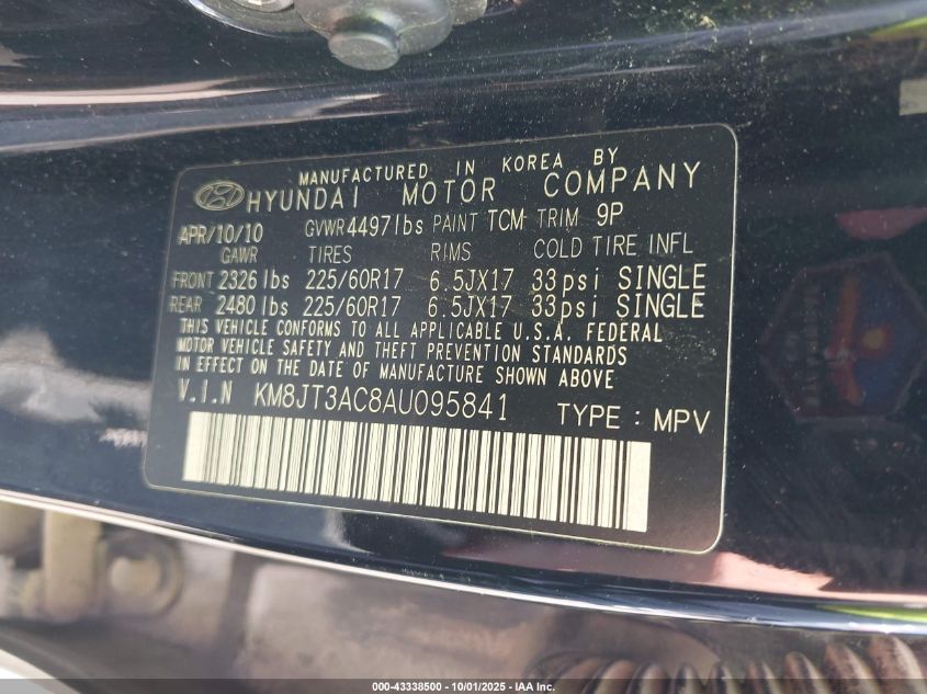 2010 Hyundai Tucson Gls VIN: KM8JT3AC8AU095841 Lot: 43338500