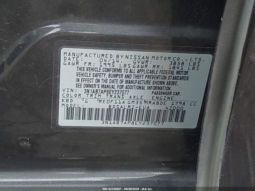 2014 Nissan Sentra Sr VIN: 3N1AB7AP8EY237077 Lot: 43338507