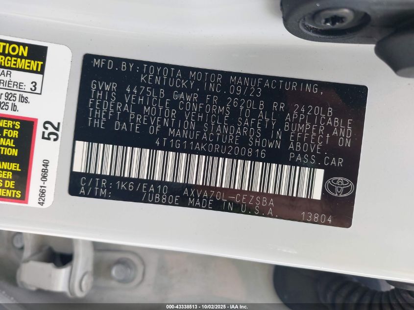 2024 Toyota Camry Se VIN: 4T1G11AK0RU200816 Lot: 43338513