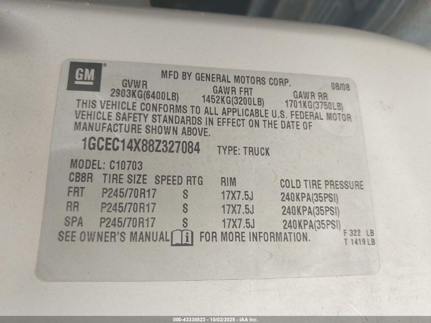 2008 Chevrolet Silverado 1500 Work Truck VIN: 1GCEC14X88Z327084 Lot: 43338523