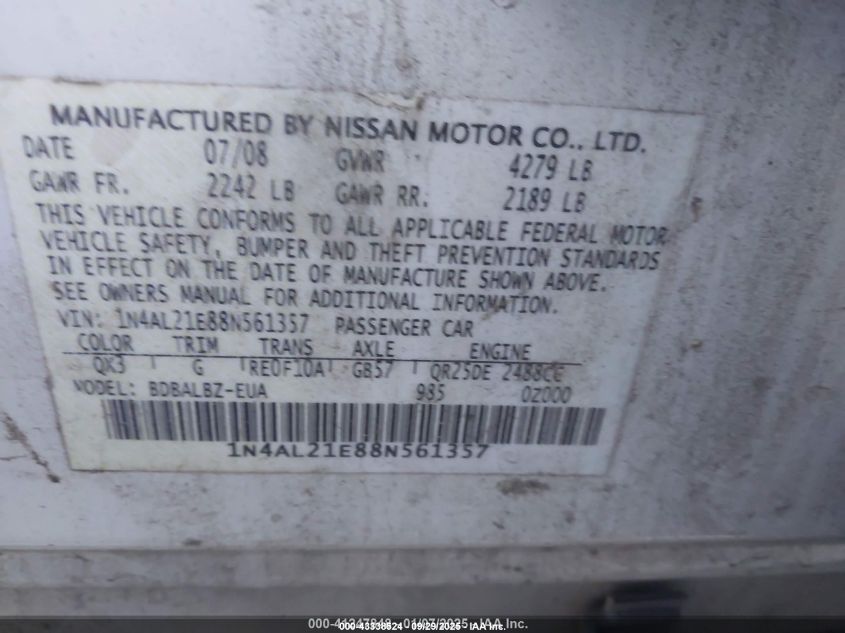 2008 Nissan Altima 2.5 S VIN: 1N4AL21E88N561357 Lot: 43338524