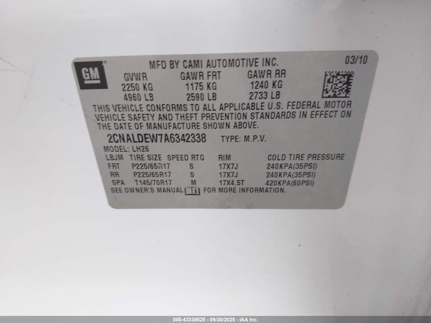 2010 Chevrolet Equinox Lt VIN: 2CNALDEW7A6342338 Lot: 43338528