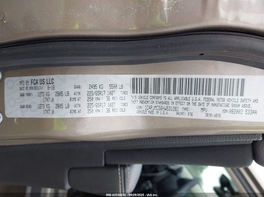 2017 Jeep Cherokee Latitude 4X4 VIN: 1C4PJMCS6HW531261 Lot: 43338530