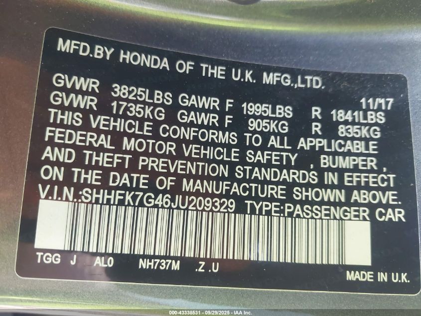 2018 Honda Civic Sport VIN: SHHFK7G46JU209329 Lot: 43338531