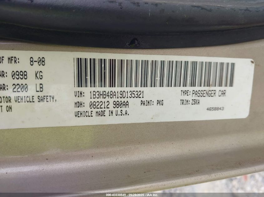 2009 Dodge Caliber Sxt VIN: 1B3HB48A19D135321 Lot: 43338549