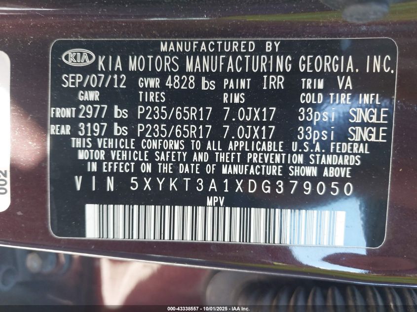 2013 Kia Sorento Lx VIN: 5XYKT3A1XDG379050 Lot: 43338557