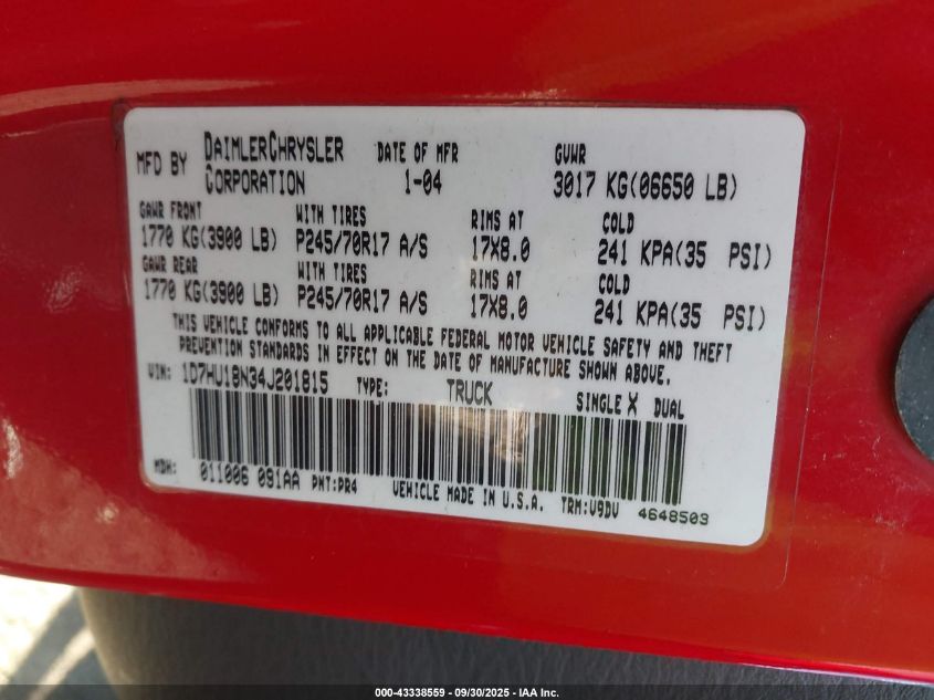 2004 Dodge Ram 1500 Slt/Laramie VIN: 1D7HU18N34J201815 Lot: 43338559