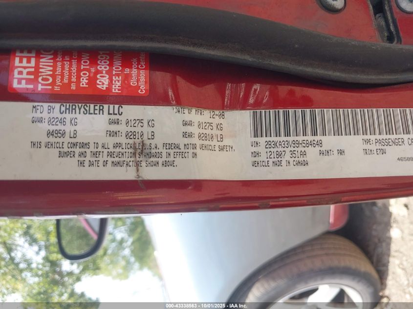 2009 Dodge Charger Sxt VIN: 2B3KA33V99H584648 Lot: 43338563