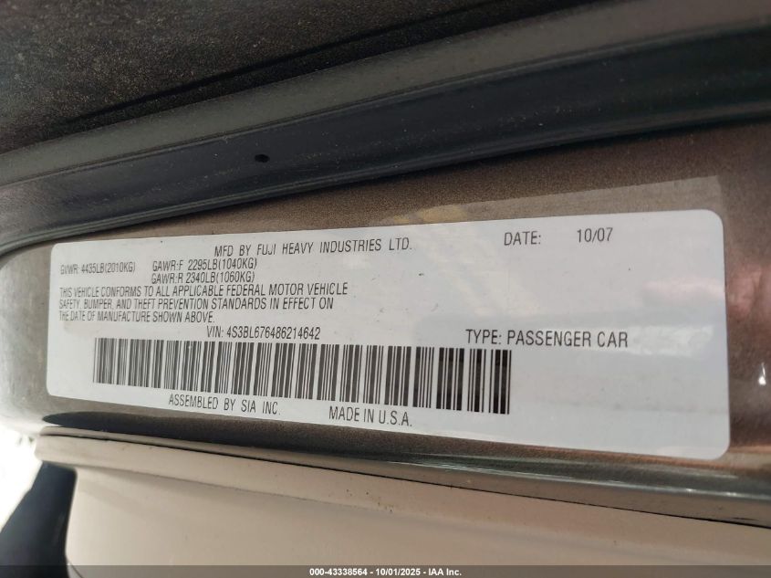 2008 Subaru Legacy 2.5Gt Limited VIN: 4S3BL676486214642 Lot: 43338564