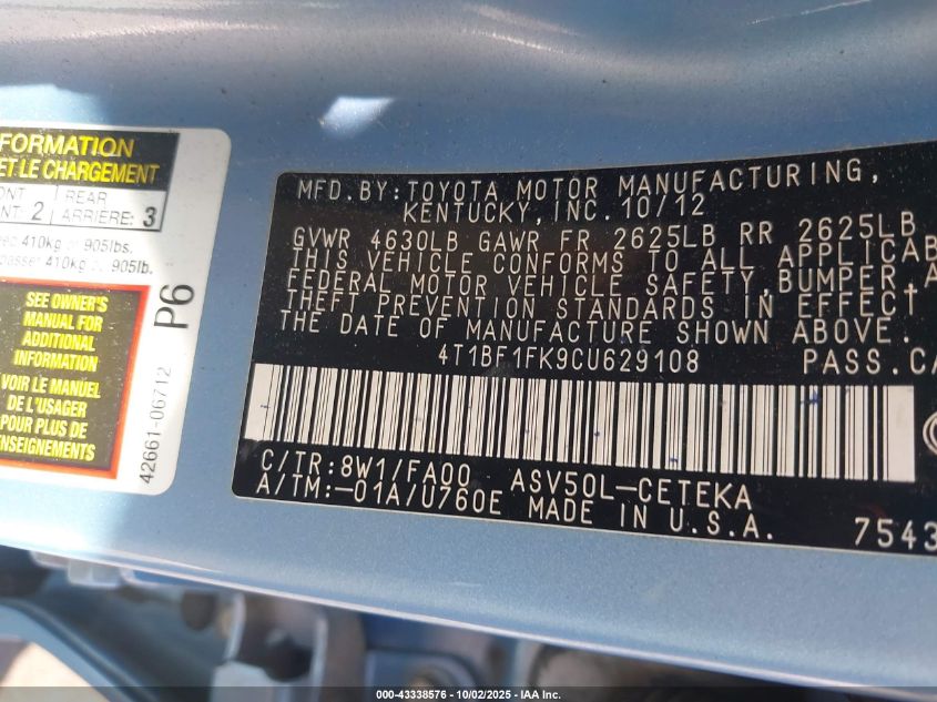 2012 Toyota Camry L VIN: 4T1BF1FK9CU629108 Lot: 43338576