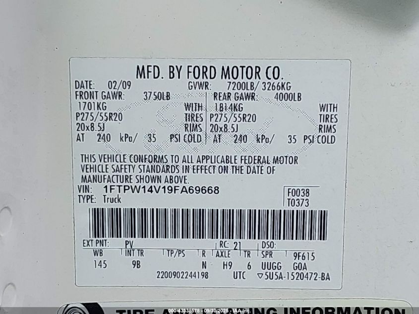 2009 Ford F-150 Fx4/King Ranch/Lariat/Platinum/Xl/Xlt VIN: 1FTPW14V19FA69668 Lot: 43338578