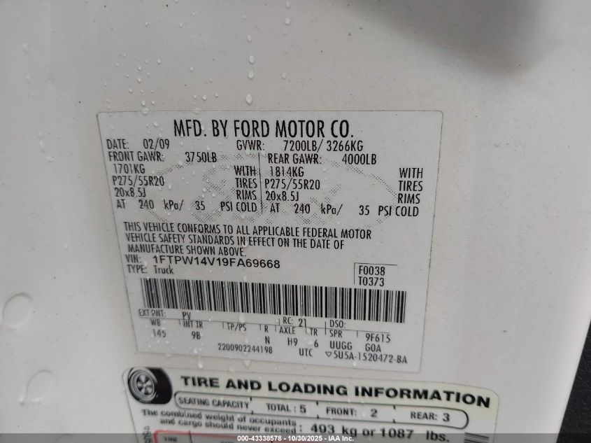 2009 Ford F-150 Fx4/King Ranch/Lariat/Platinum/Xl/Xlt VIN: 1FTPW14V19FA69668 Lot: 43338578