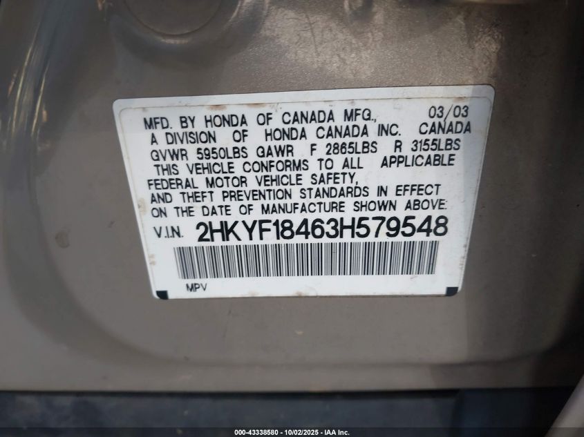 2003 Honda Pilot Ex VIN: 2HKYF18463H579548 Lot: 43338580