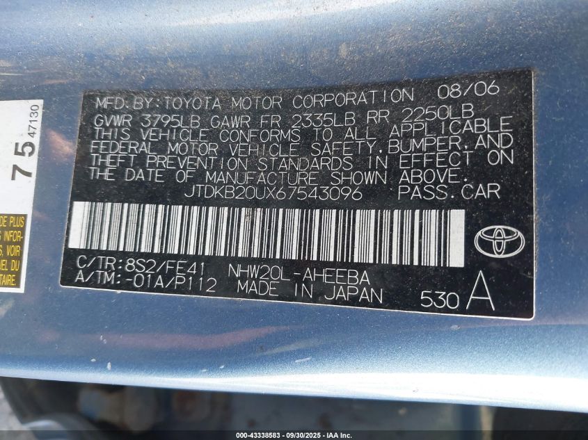 2006 Toyota Prius VIN: JTDKB20UX67543096 Lot: 43338583