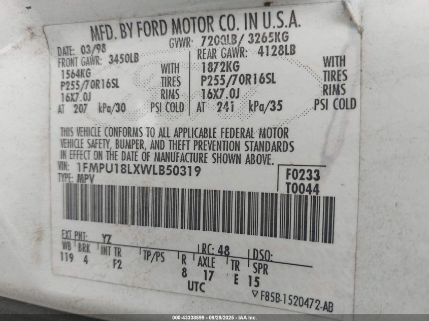 1998 Ford Expedition Eddie Bauer/Xlt VIN: 1FMPU18LXWLB50319 Lot: 43338599