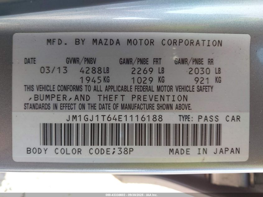 2014 Mazda Mazda6 I Touring VIN: JM1GJ1T64E1116188 Lot: 43338603