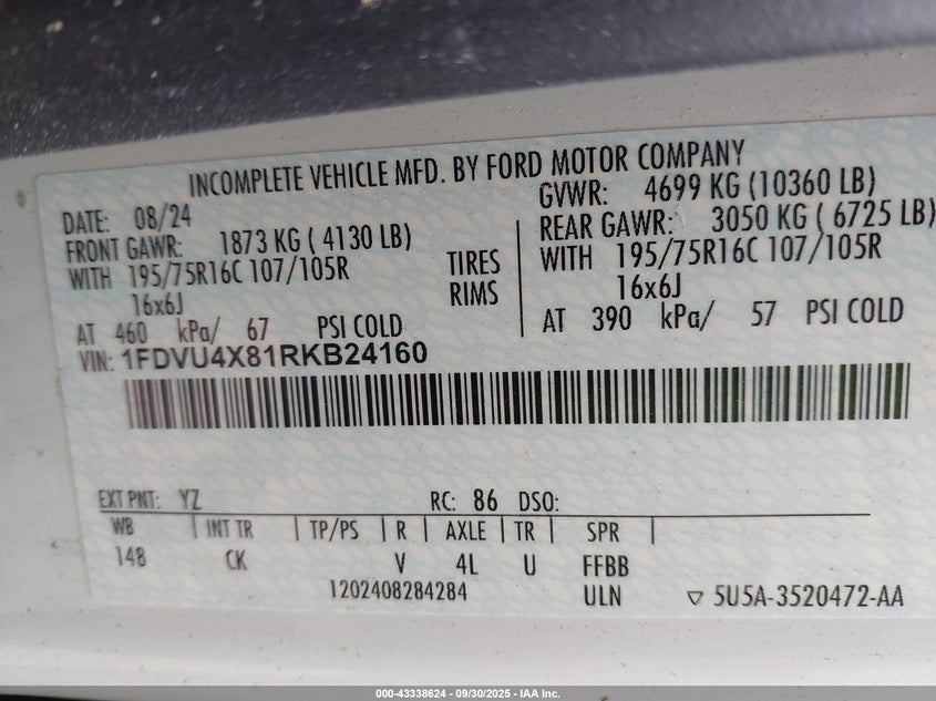 2024 Ford Transit-350 Passenger Van Xl VIN: 1FDVU4X81RKB24160 Lot: 43338624