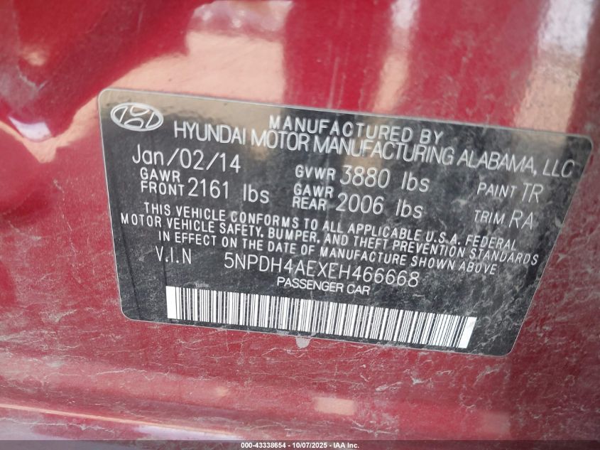 2014 Hyundai Elantra Se VIN: 5NPDH4AEXEH466668 Lot: 43338654