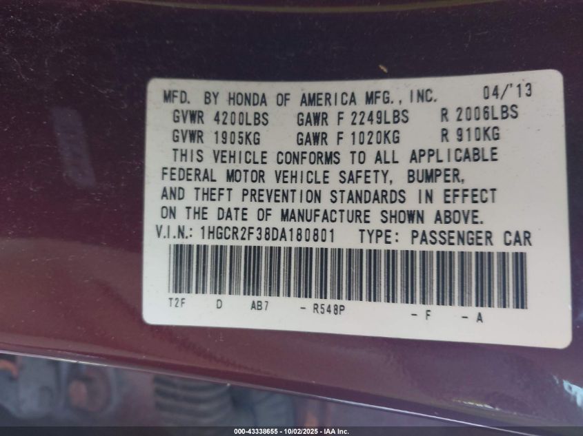 2013 Honda Accord Lx VIN: 1HGCR2F38DA180801 Lot: 43338655