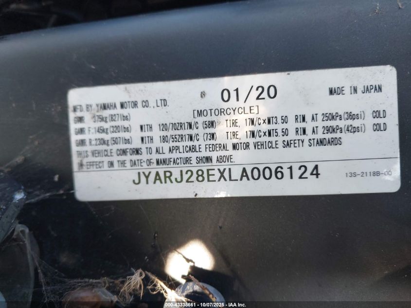 2020 Yamaha Yzfr6 VIN: JYARJ28EXLA006124 Lot: 43338661