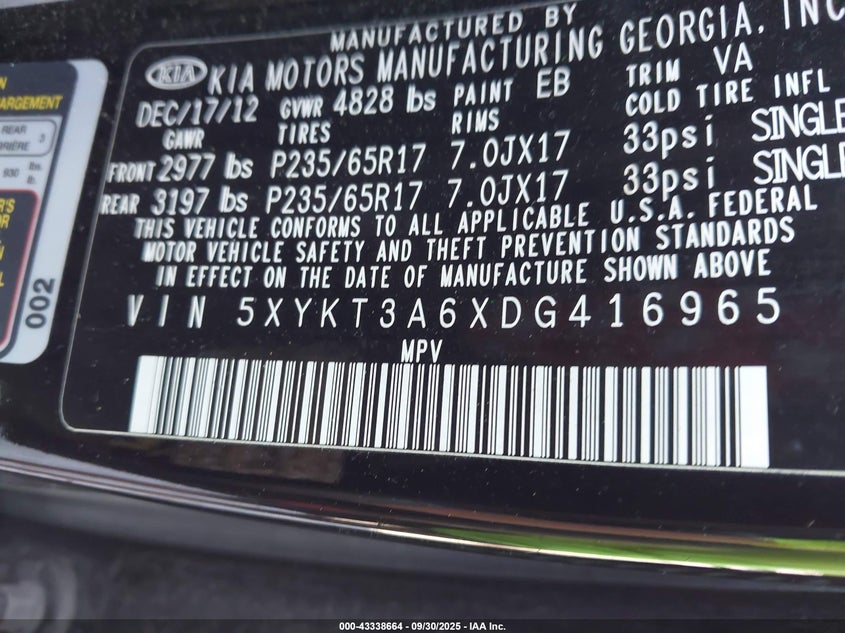 2013 KIA SORENTO LX 5XYKT3A6XDG416965