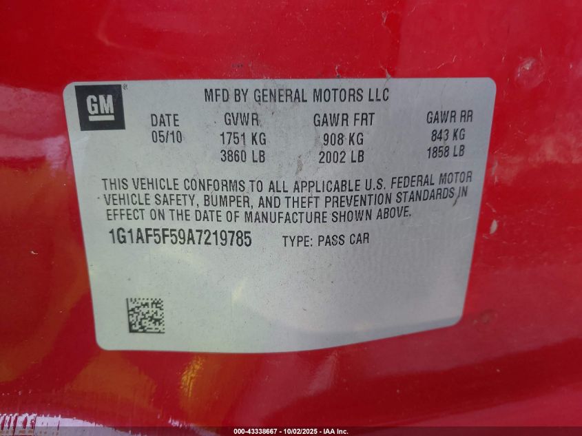 2010 Chevrolet Cobalt Lt VIN: 1G1AF5F59A7219785 Lot: 43338667