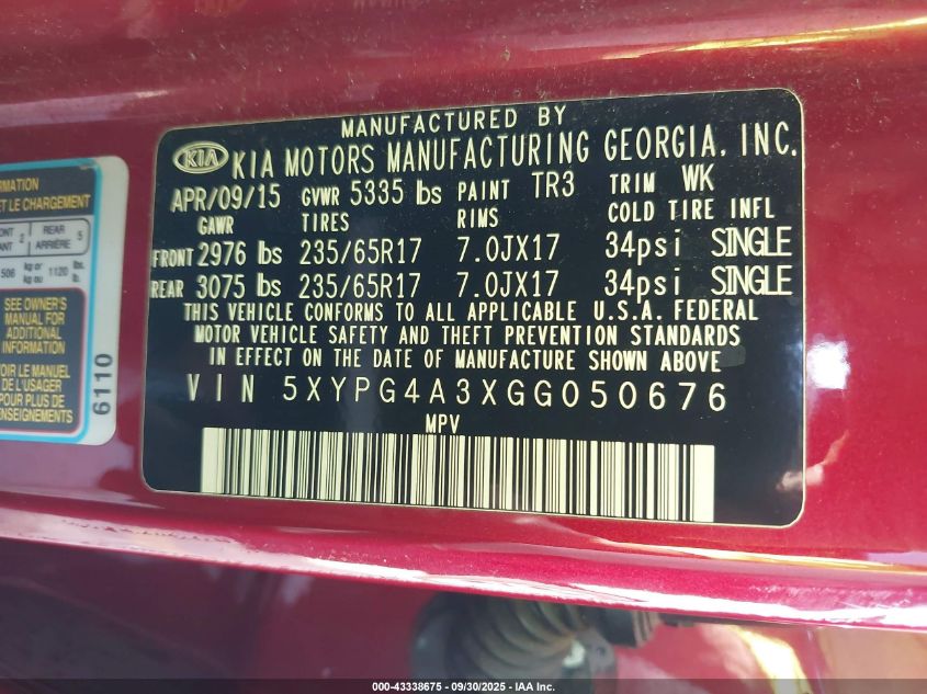 2016 Kia Sorento 2.4L Lx VIN: 5XYPG4A3XGG050676 Lot: 43338675