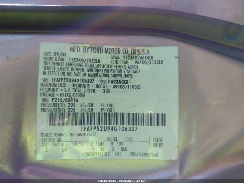 2004 Ford Taurus Lx VIN: 1FAFP52U94G106307 Lot: 43338680