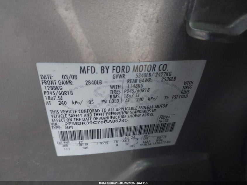 2008 Ford Edge Limited VIN: 2FMDK39C78BA86245 Lot: 43338681